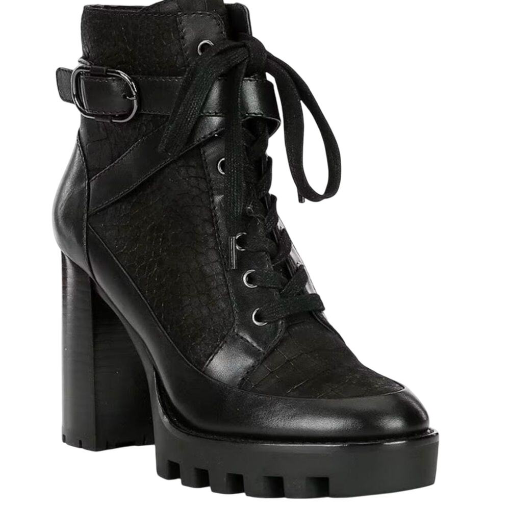 Antonio Melani Pearce Lug Sole Lace-Up Leather Platform Heel Booties Black Sz 8